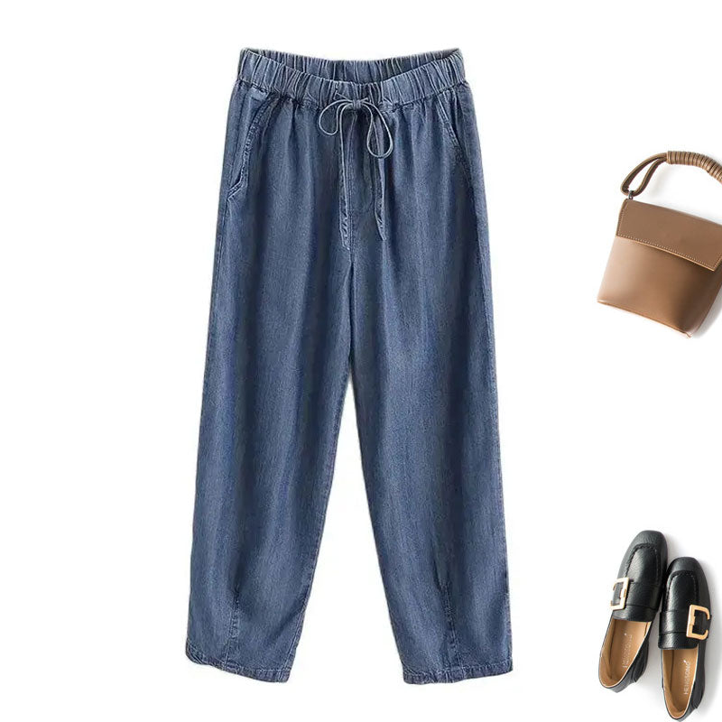 Blue Lyocell Denim Casual Elastic High Waist Loose Wide Leg Women's Pants Ankle-Length Pants For Women Clothing Fashion 2024