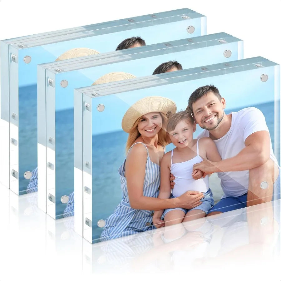 3 Pack Acrylic Picture Frame 4x6 Inch, 20mm Thicker Block, Clear Picture Frames Freestanding Double Sided Magnetic Acrylic Lucit