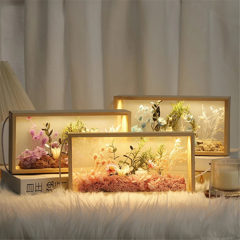 Dry Flower DIY Photo Frame with LED Light USB Charging Port Handmade Creative Frames Home Office Ornament Beautiful Decoration