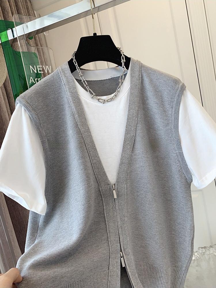 American Style Fake Two Piece Knitted Shirt Short Sleeved T-shirt Loose Top Women's 2025 Summer New Fashion T-shirt