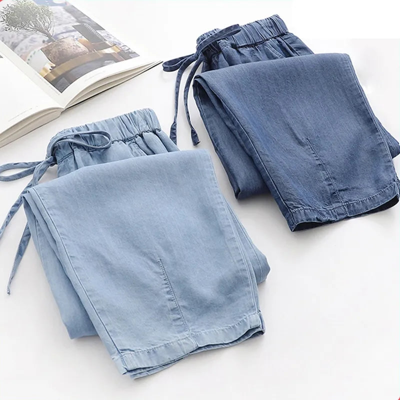 Blue Lyocell Denim Casual Elastic High Waist Loose Wide Leg Women's Pants Ankle-Length Pants For Women Clothing Fashion 2024