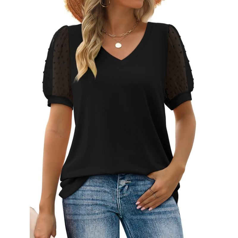 Plus Size 1XL-5XL New Women's Short Sleeve Casual Bubble Sleeve T-Shirt V-Neck Women's Top Multi-Color Casual Women Blouse