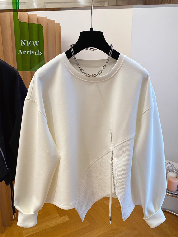 Autumn and Winter Women's Pullover Round Neck Hoodie Lazy Style Splicing Design Loose Long Sleeve Tops