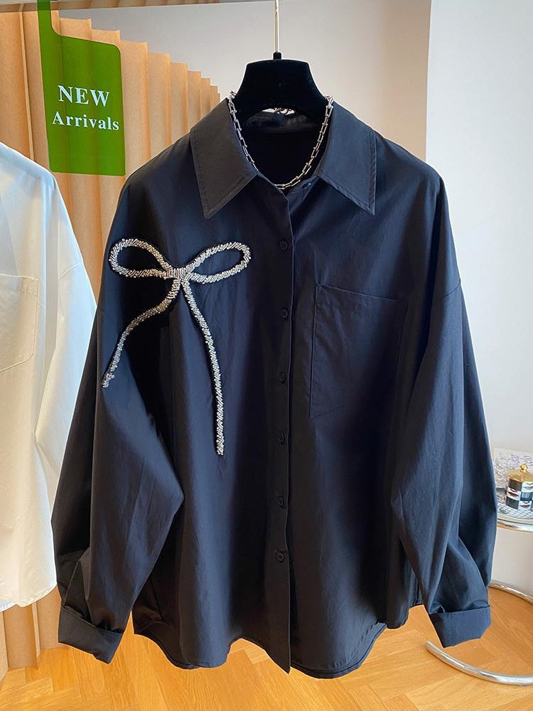 2025 Summer New Bow Long Sleeve Shirts Solid Color Loose Button Up Blouse Design Sense Niche Women Casual Tops