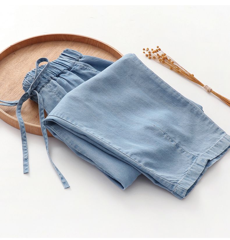Blue Lyocell Denim Casual Elastic High Waist Loose Wide Leg Women's Pants Ankle-Length Pants For Women Clothing Fashion 2024