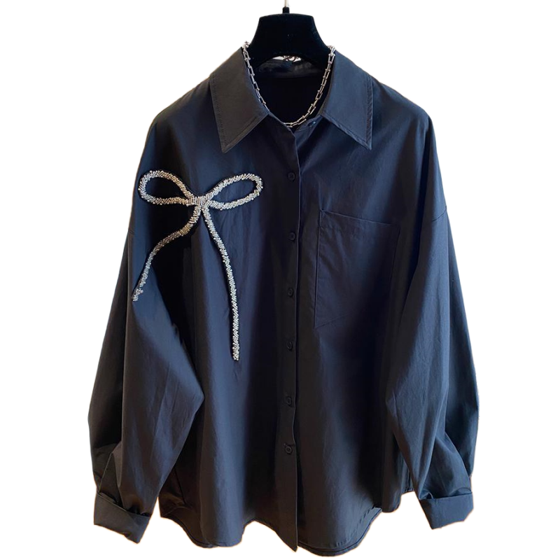 2025 Summer New Bow Long Sleeve Shirts Solid Color Loose Button Up Blouse Design Sense Niche Women Casual Tops