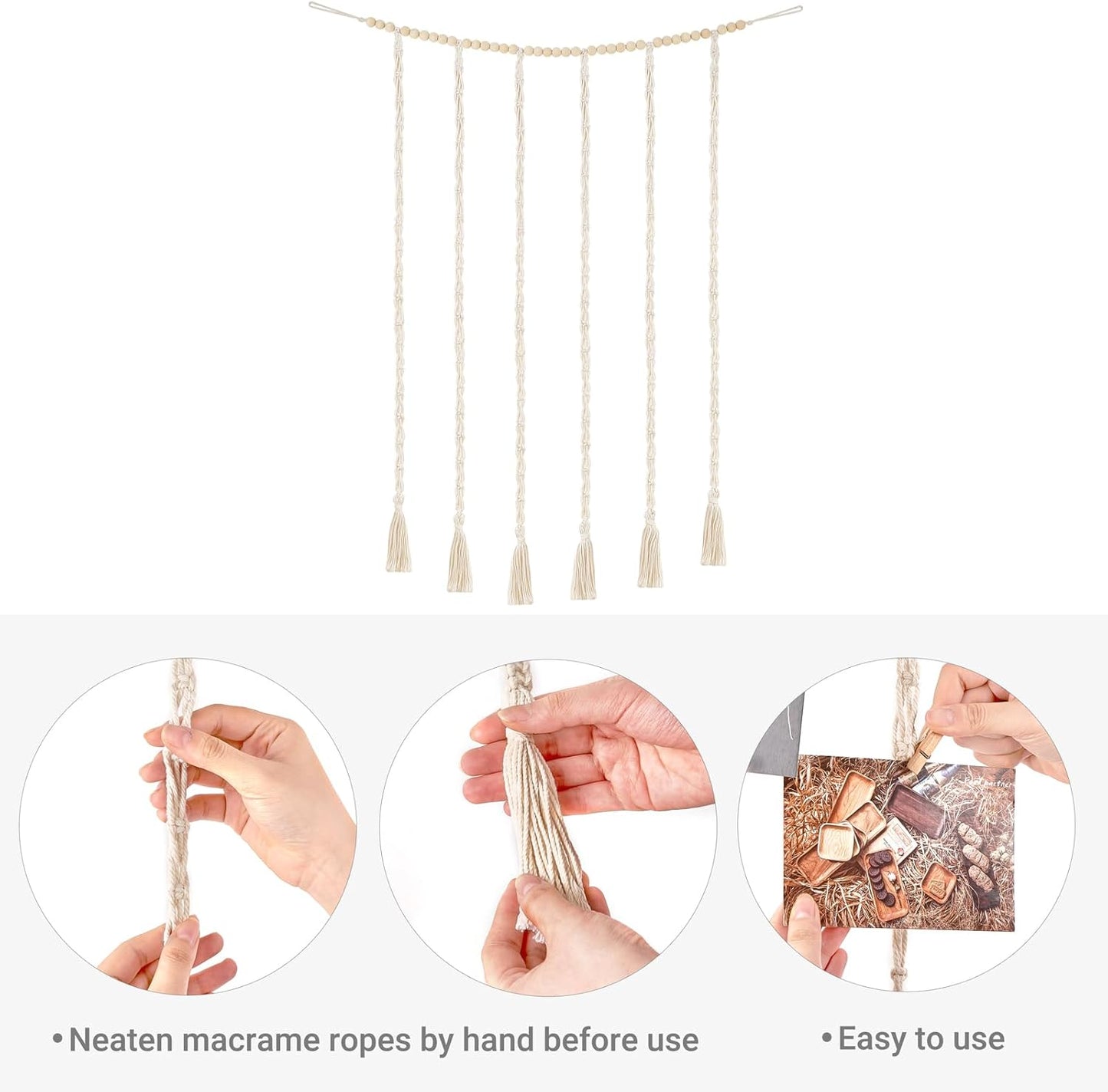 Macrame Hanging Photo Display Wall Decor Boho Wooden Beads Garland Picture Frame Holder with 30 Clips Bedroom Living Room Gifts
