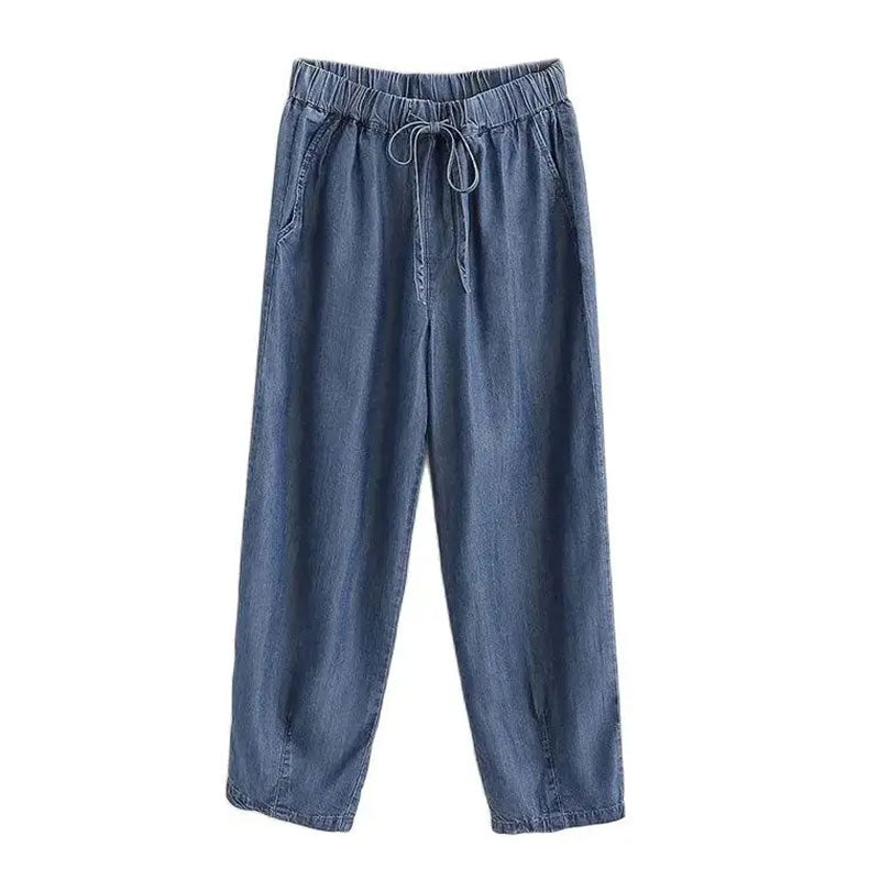 Blue Lyocell Denim Casual Elastic High Waist Loose Wide Leg Women's Pants Ankle-Length Pants For Women Clothing Fashion 2024