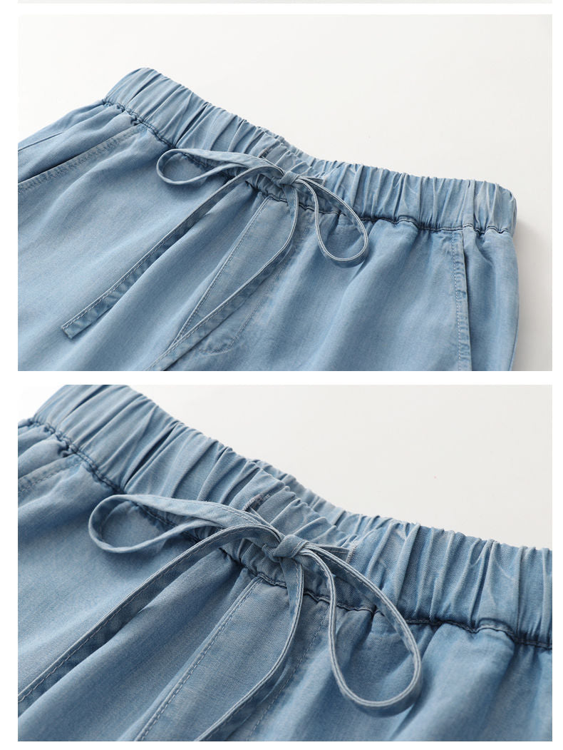 Blue Lyocell Denim Casual Elastic High Waist Loose Wide Leg Women's Pants Ankle-Length Pants For Women Clothing Fashion 2024