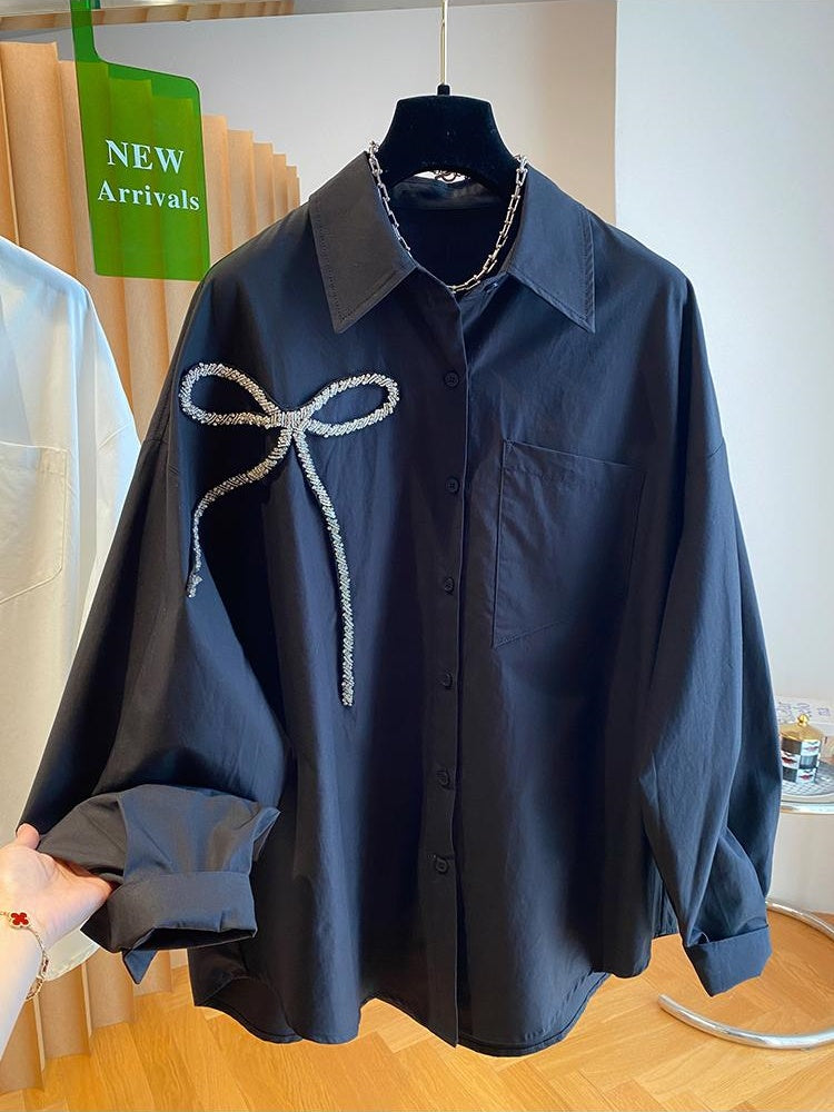 2025 Summer New Bow Long Sleeve Shirts Solid Color Loose Button Up Blouse Design Sense Niche Women Casual Tops