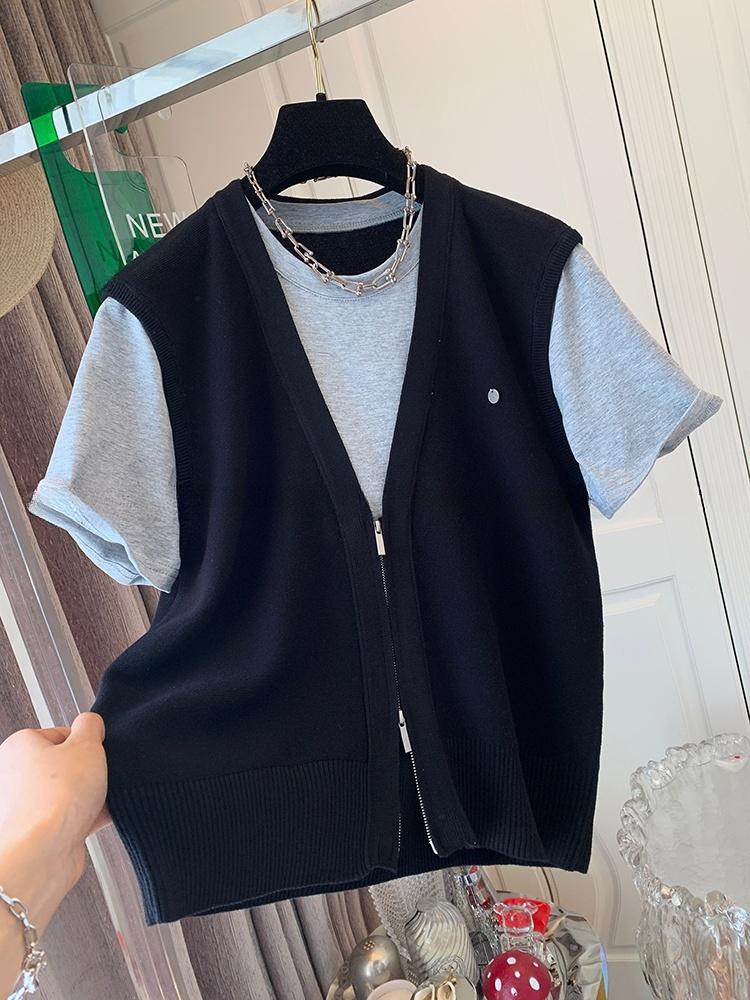 American Style Fake Two Piece Knitted Shirt Short Sleeved T-shirt Loose Top Women's 2025 Summer New Fashion T-shirt