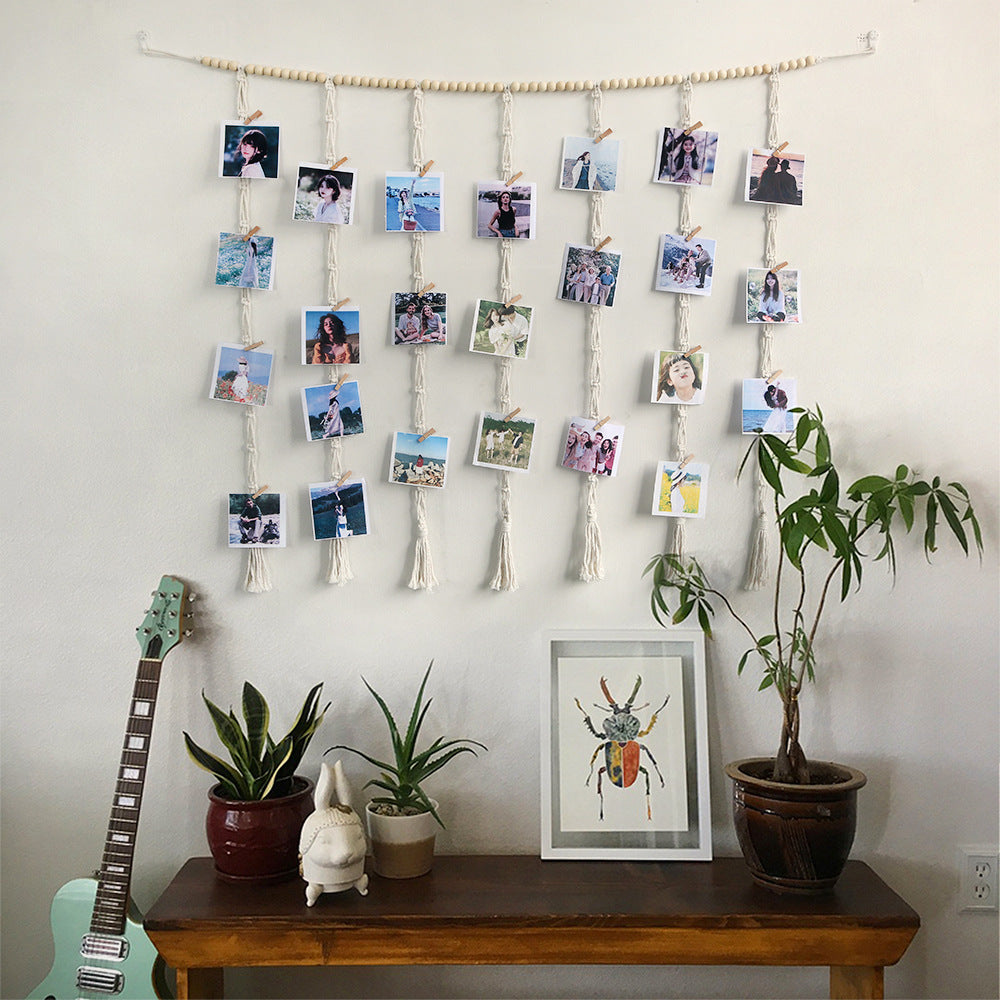 Macrame Hanging Photo Display Wall Decor Boho Wooden Beads Garland Picture Frame Holder with 30 Clips Bedroom Living Room Gifts