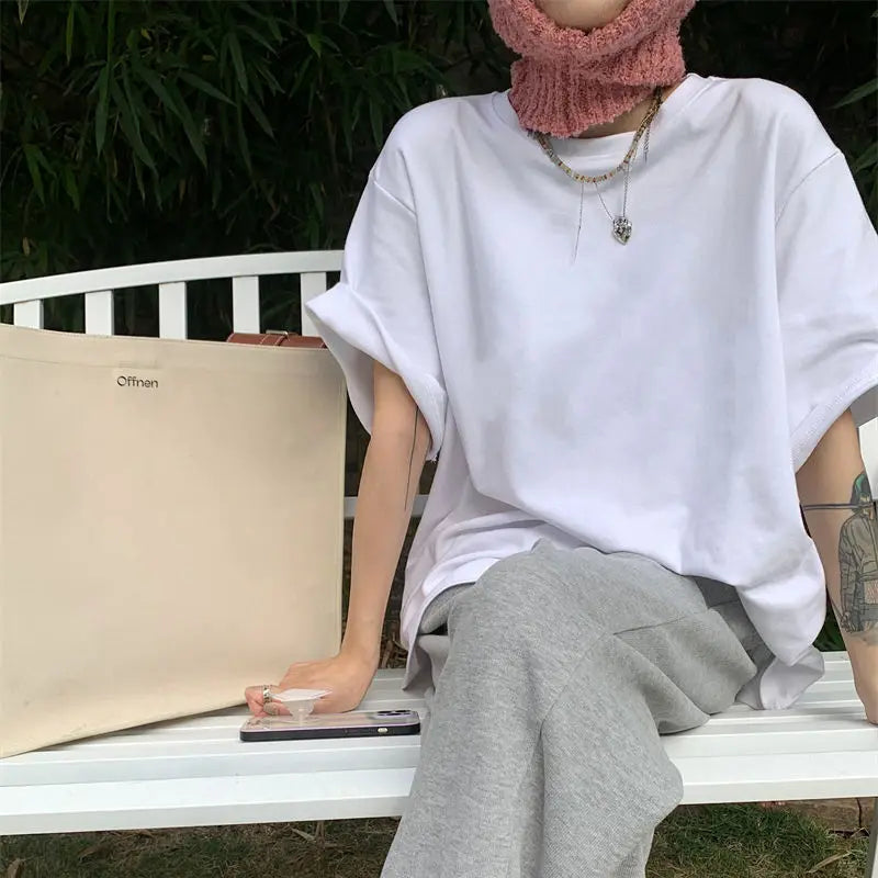 Women Short Sleeved T-shirt Pure Cotton Oversized Black and White Versatile Simple Loose Round Neck Half Sleeve Top Summer