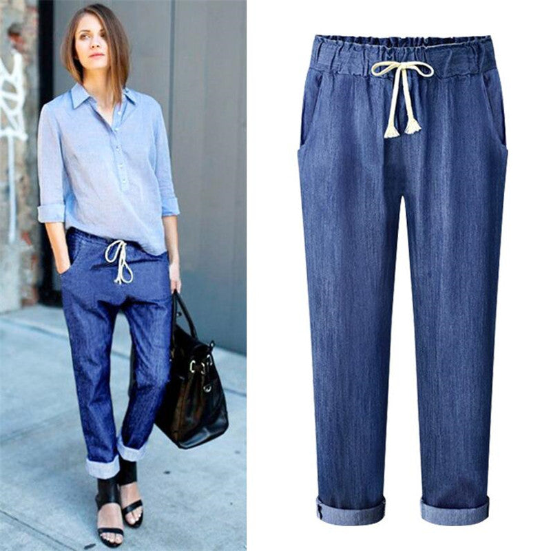 Plus size Jeans 2024 Casual Loose Elastic Waist Loose denim Trousers Women Autumn Solid Color Cotton baggy jeans women 6XL