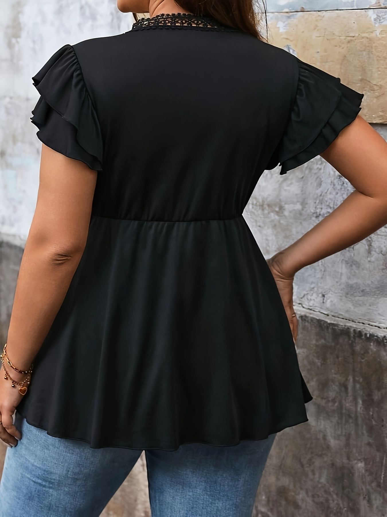 Plus Size Women's Elegant Black Short Sleeve Tops V Neck Medium Elastic Solid Shirt with Ruffle Detail and Lace Edge