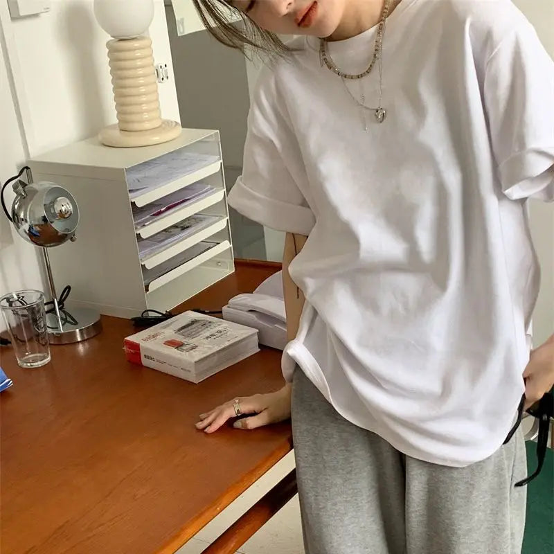 Women Short Sleeved T-shirt Pure Cotton Oversized Black and White Versatile Simple Loose Round Neck Half Sleeve Top Summer