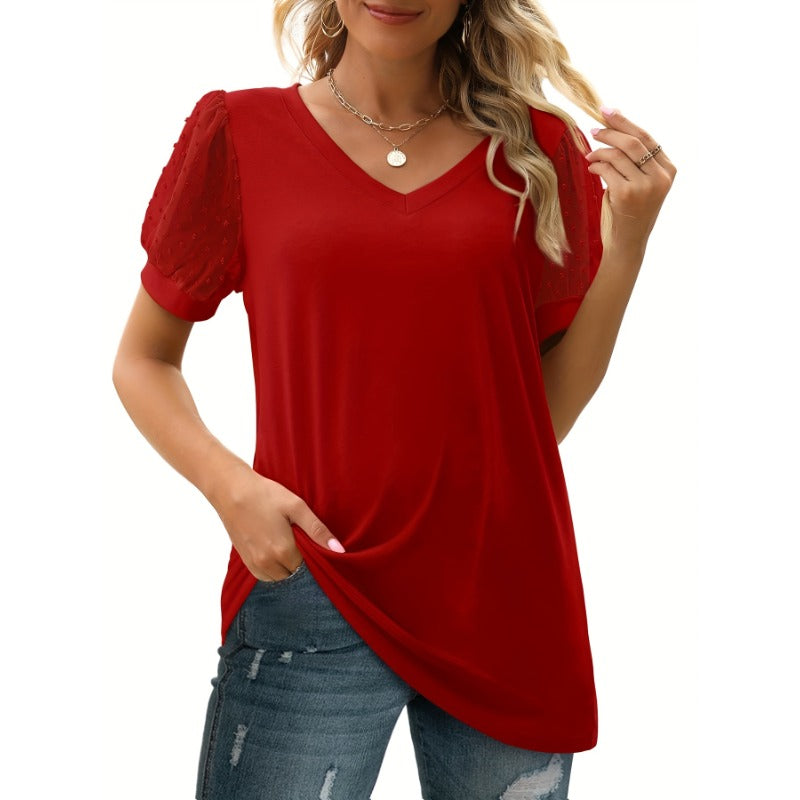Plus Size 1XL-5XL New Women's Short Sleeve Casual Bubble Sleeve T-Shirt V-Neck Women's Top Multi-Color Casual Women Blouse