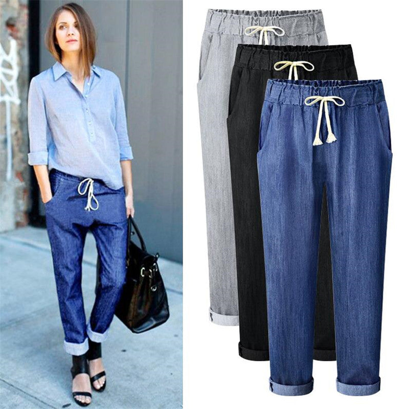 Plus size Jeans 2024 Casual Loose Elastic Waist Loose denim Trousers Women Autumn Solid Color Cotton baggy jeans women 6XL