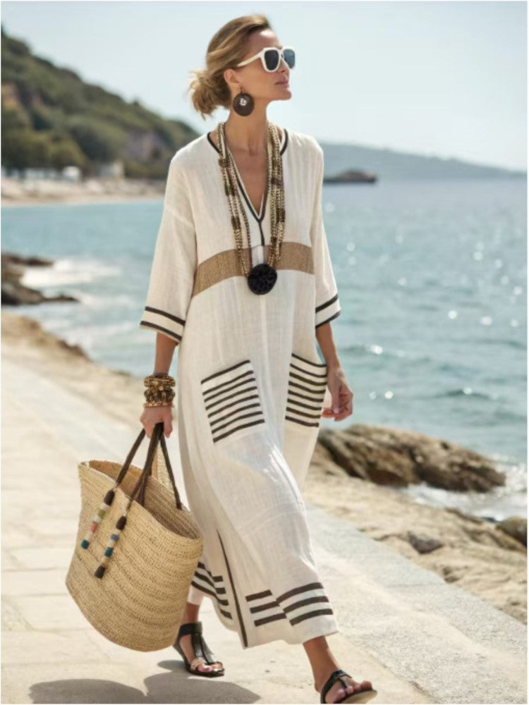 New Summer Large-size Striped Print Long Large-spoke V-neck Dress Fashionable Casual Loose Elegant Pocket Dress Females