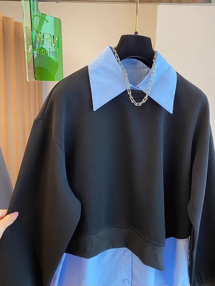 Fake Two Piece Pullover Tops Women 2025 New Autumn Fashion Splicing Design Turn-down Collar Long Sleeved Shirt Tops