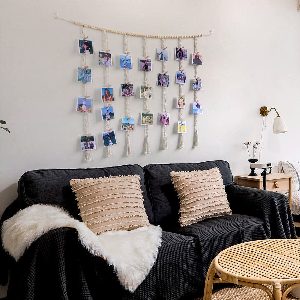 Macrame Hanging Photo Display Wall Decor Boho Wooden Beads Garland Picture Frame Holder with 30 Clips Bedroom Living Room Gifts