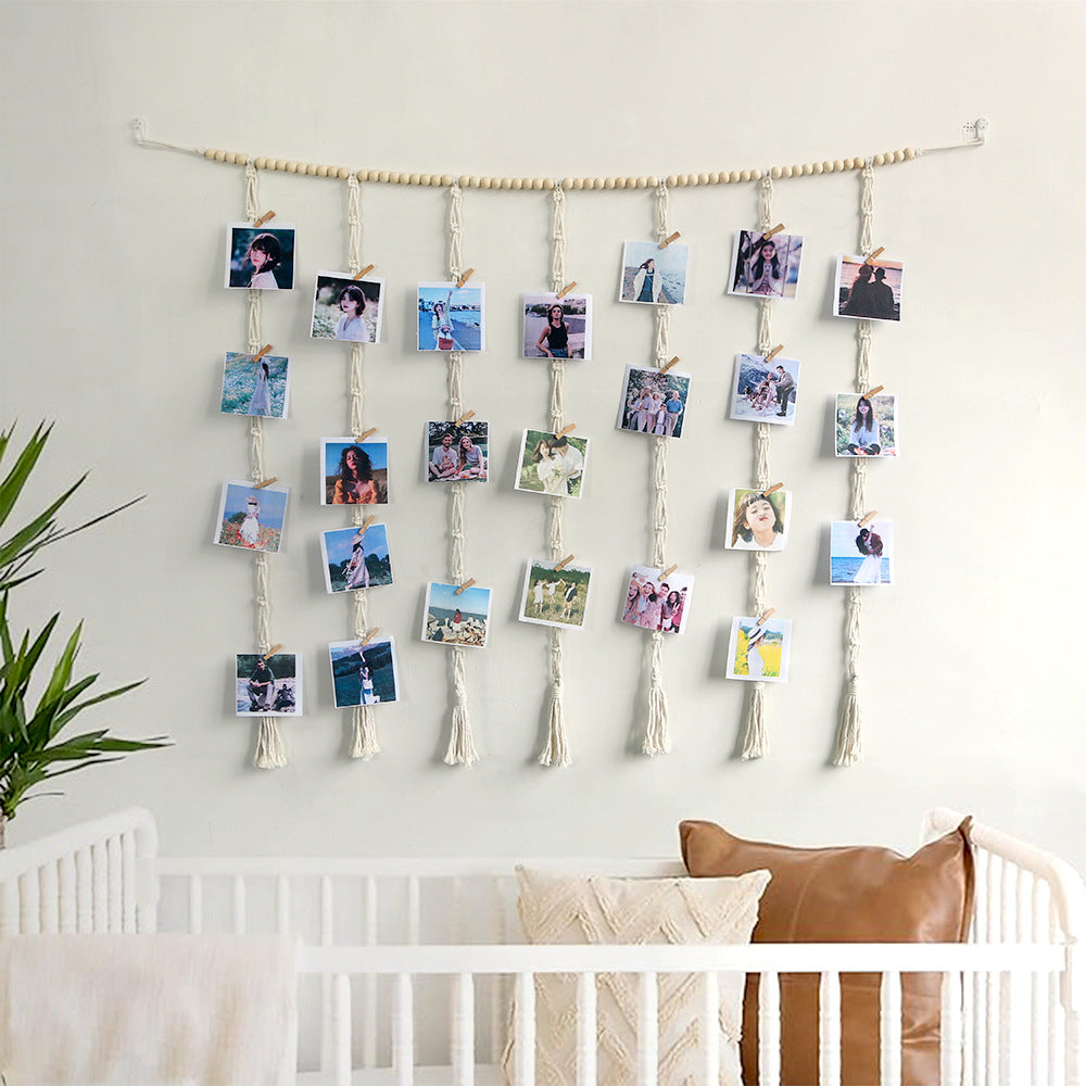 Macrame Hanging Photo Display Wall Decor Boho Wooden Beads Garland Picture Frame Holder with 30 Clips Bedroom Living Room Gifts