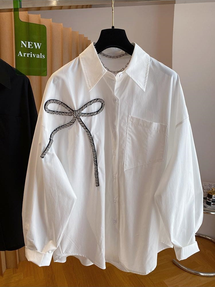 2025 Summer New Bow Long Sleeve Shirts Solid Color Loose Button Up Blouse Design Sense Niche Women Casual Tops