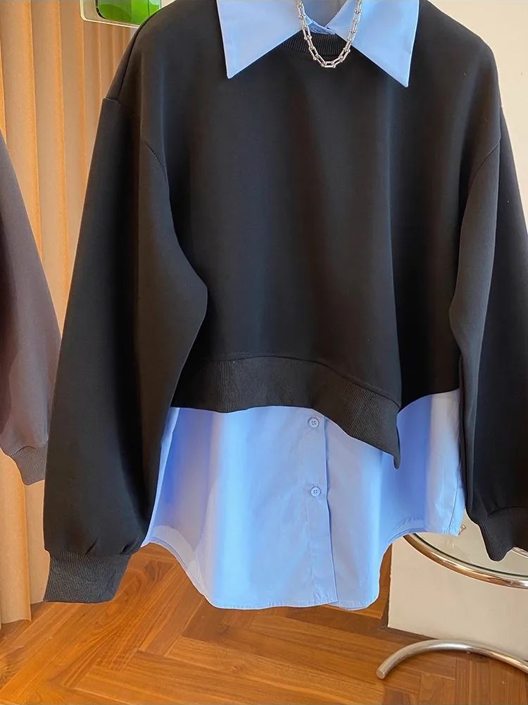 Fake Two Piece Pullover Tops Women 2025 New Autumn Fashion Splicing Design Turn-down Collar Long Sleeved Shirt Tops