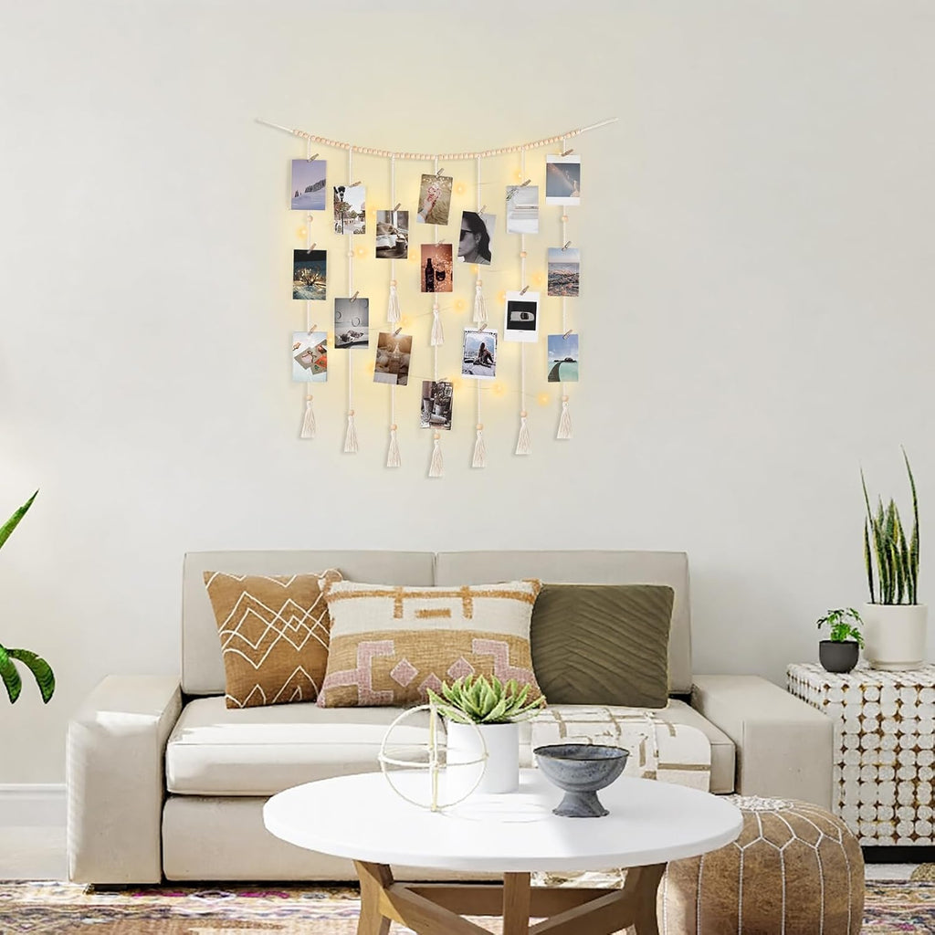 Macrame Hanging Photo Display Wall Decor Boho Wooden Beads Garland Picture Frame Holder with 30 Clips Bedroom Living Room Gifts