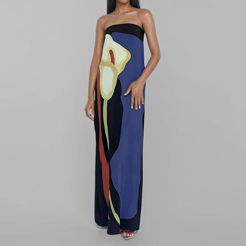 2024 Summer Women Strapless Backless Flower Printed Long Dress Women Sleeveless Off Shoulder Vestidos Plus Size S-3XL Streetwear