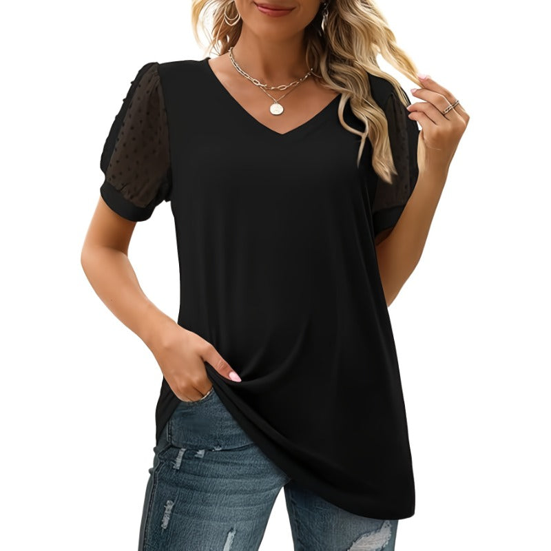 Plus Size 1XL-5XL New Women's Short Sleeve Casual Bubble Sleeve T-Shirt V-Neck Women's Top Multi-Color Casual Women Blouse