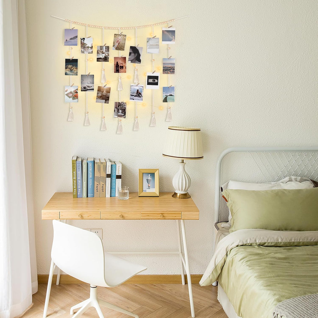 Macrame Hanging Photo Display Wall Decor Boho Wooden Beads Garland Picture Frame Holder with 30 Clips Bedroom Living Room Gifts