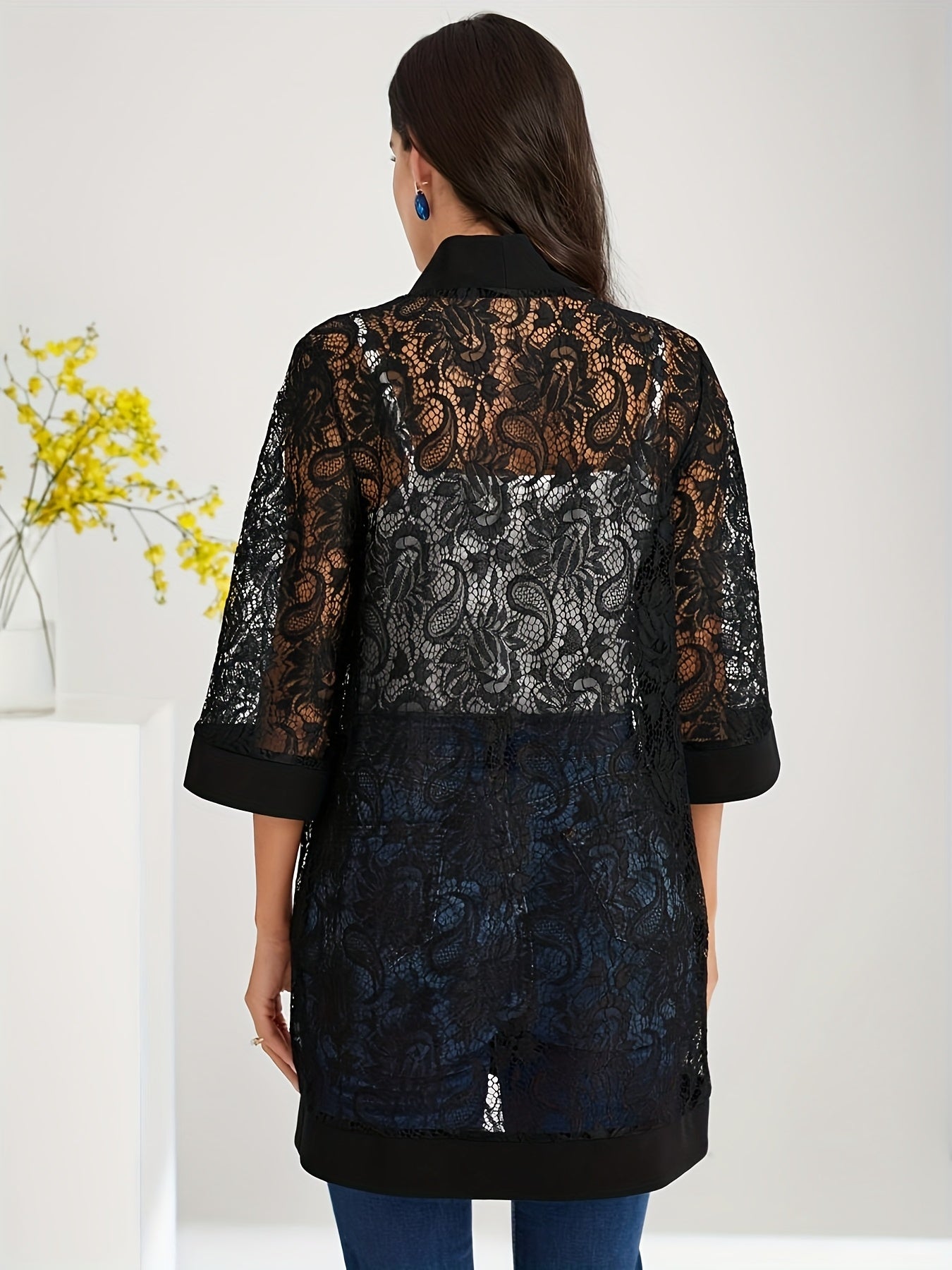 Plus Size Lace Jacket for Women Black Floral Pattern Casual Style Medium Stretch Fabric All Seasons Floral Pattern Cardigan