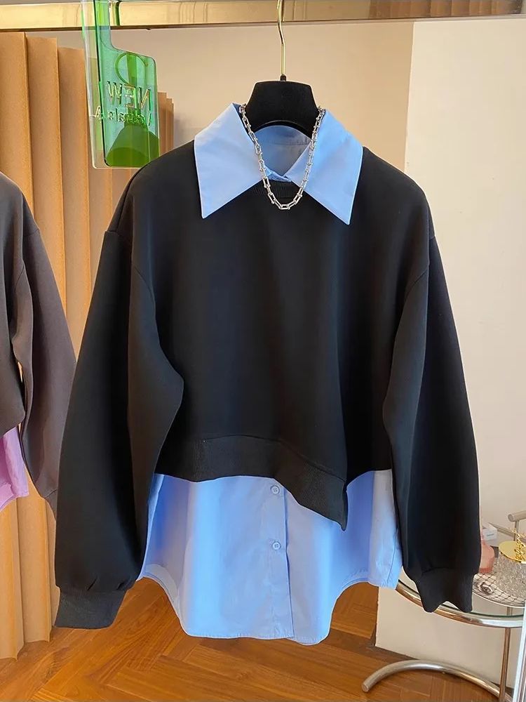 Fake Two Piece Pullover Tops Women 2025 New Autumn Fashion Splicing Design Turn-down Collar Long Sleeved Shirt Tops