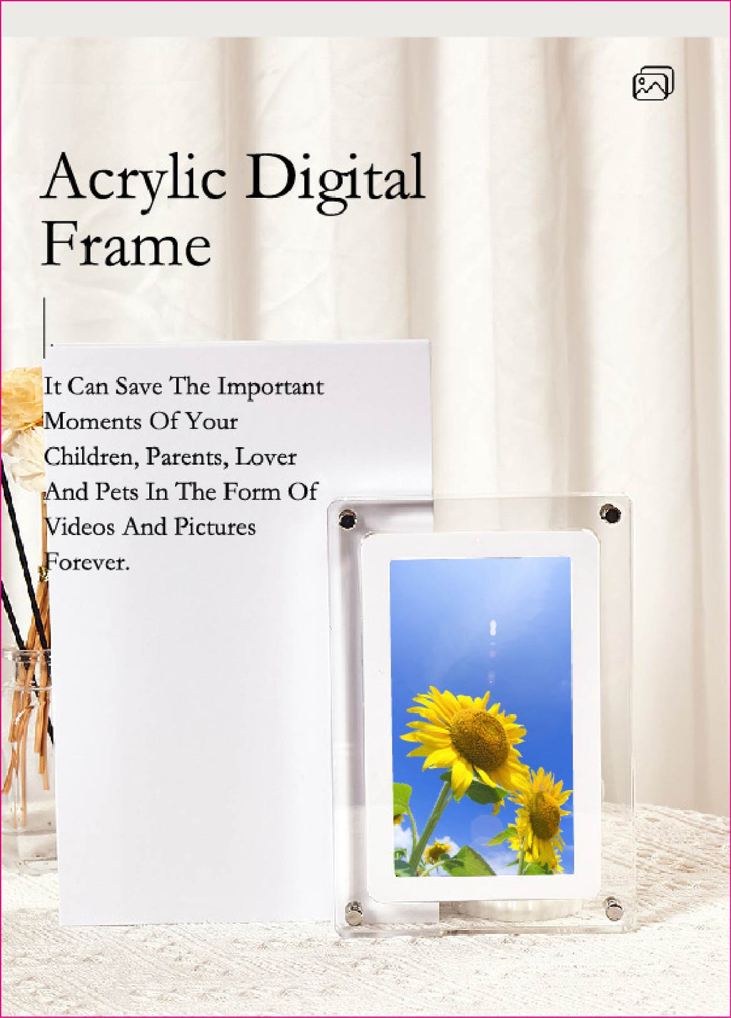 2024 hot selling 10.1-inch acrylic digital frames 8GB 2000mah with removable stander horizontal vertical play gravity version