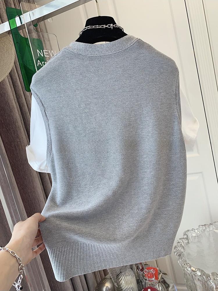 American Style Fake Two Piece Knitted Shirt Short Sleeved T-shirt Loose Top Women's 2025 Summer New Fashion T-shirt