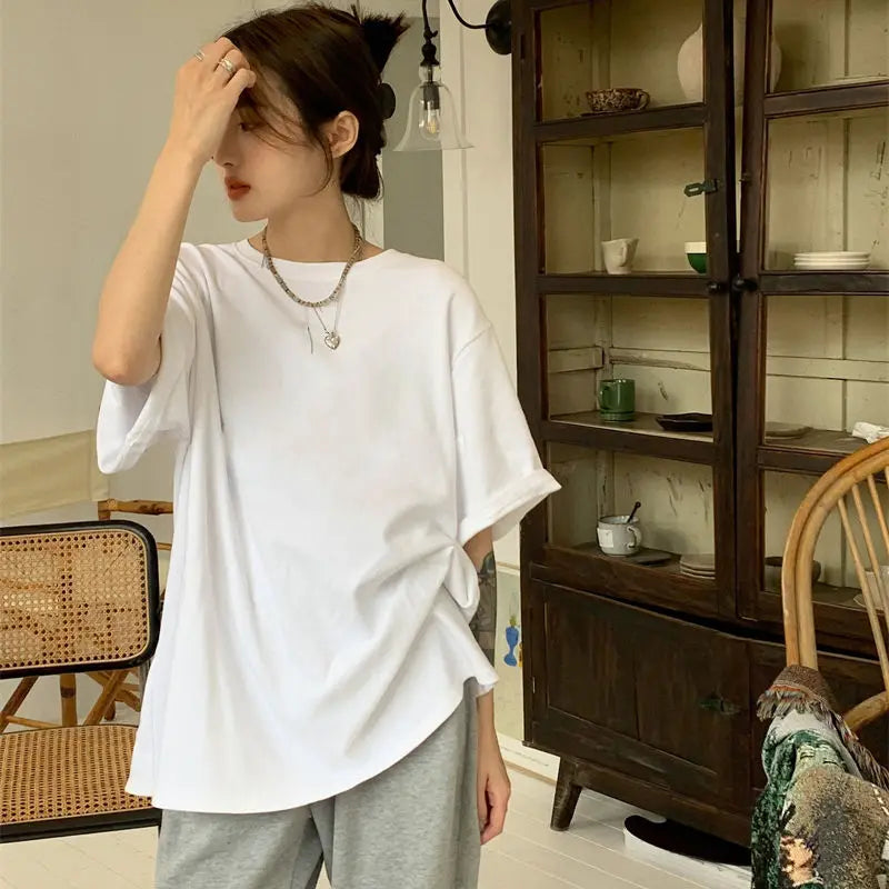 Women Short Sleeved T-shirt Pure Cotton Oversized Black and White Versatile Simple Loose Round Neck Half Sleeve Top Summer