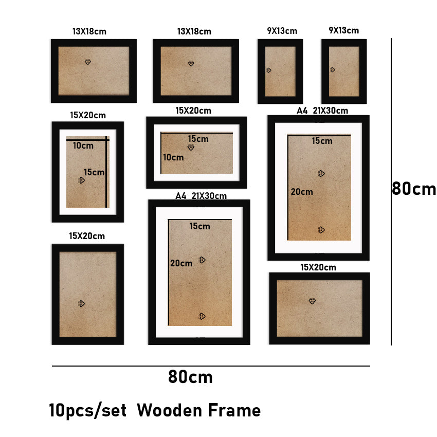 10 Piece Wood Family Photo Frame Wall Gallery Kit Picture Frame For Wall With Plexiglass Classic Wooden Frame For Wall Hanging