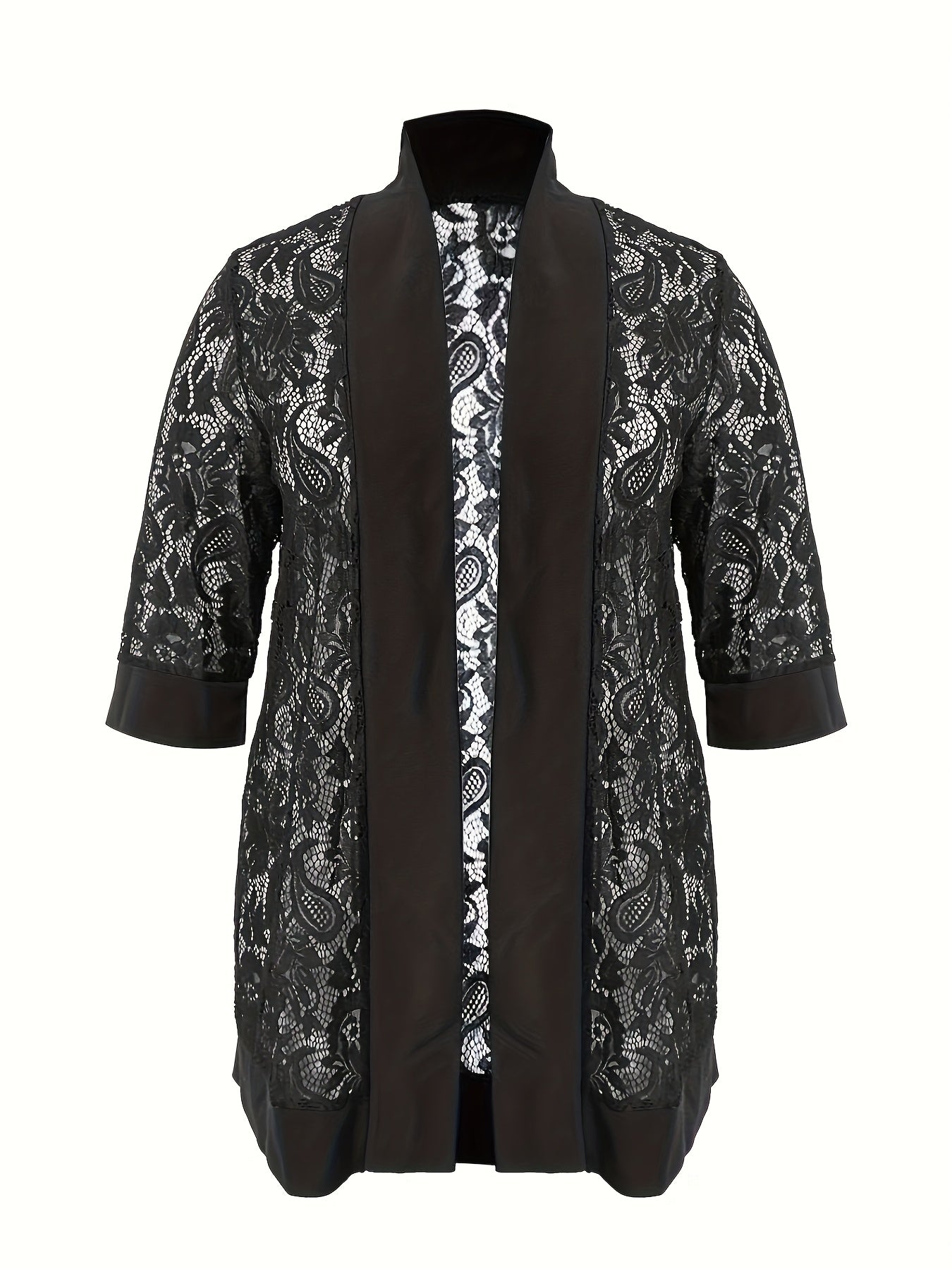 Plus Size Lace Jacket for Women Black Floral Pattern Casual Style Medium Stretch Fabric All Seasons Floral Pattern Cardigan