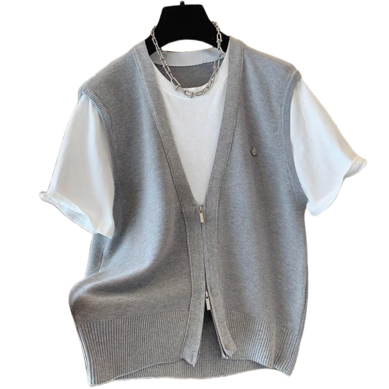American Style Fake Two Piece Knitted Shirt Short Sleeved T-shirt Loose Top Women's 2025 Summer New Fashion T-shirt