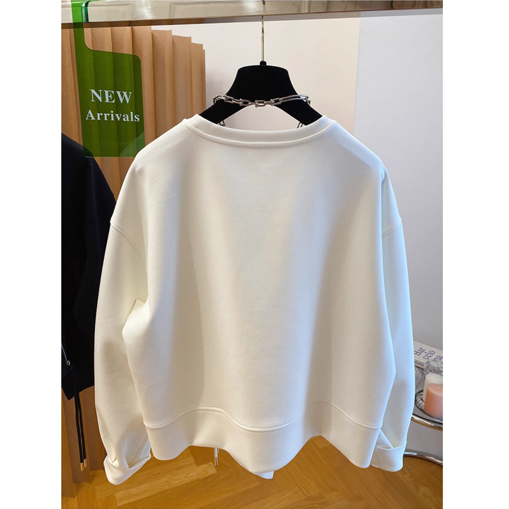 Autumn and Winter Women's Pullover Round Neck Hoodie Lazy Style Splicing Design Loose Long Sleeve Tops
