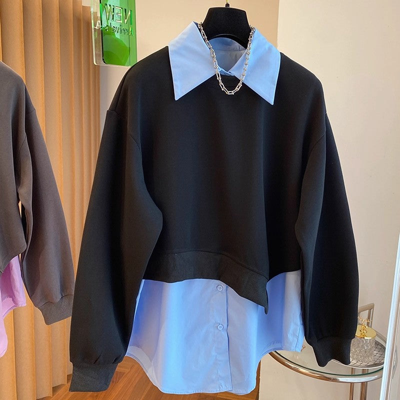 Fake Two Piece Pullover Tops Women 2025 New Autumn Fashion Splicing Design Turn-down Collar Long Sleeved Shirt Tops