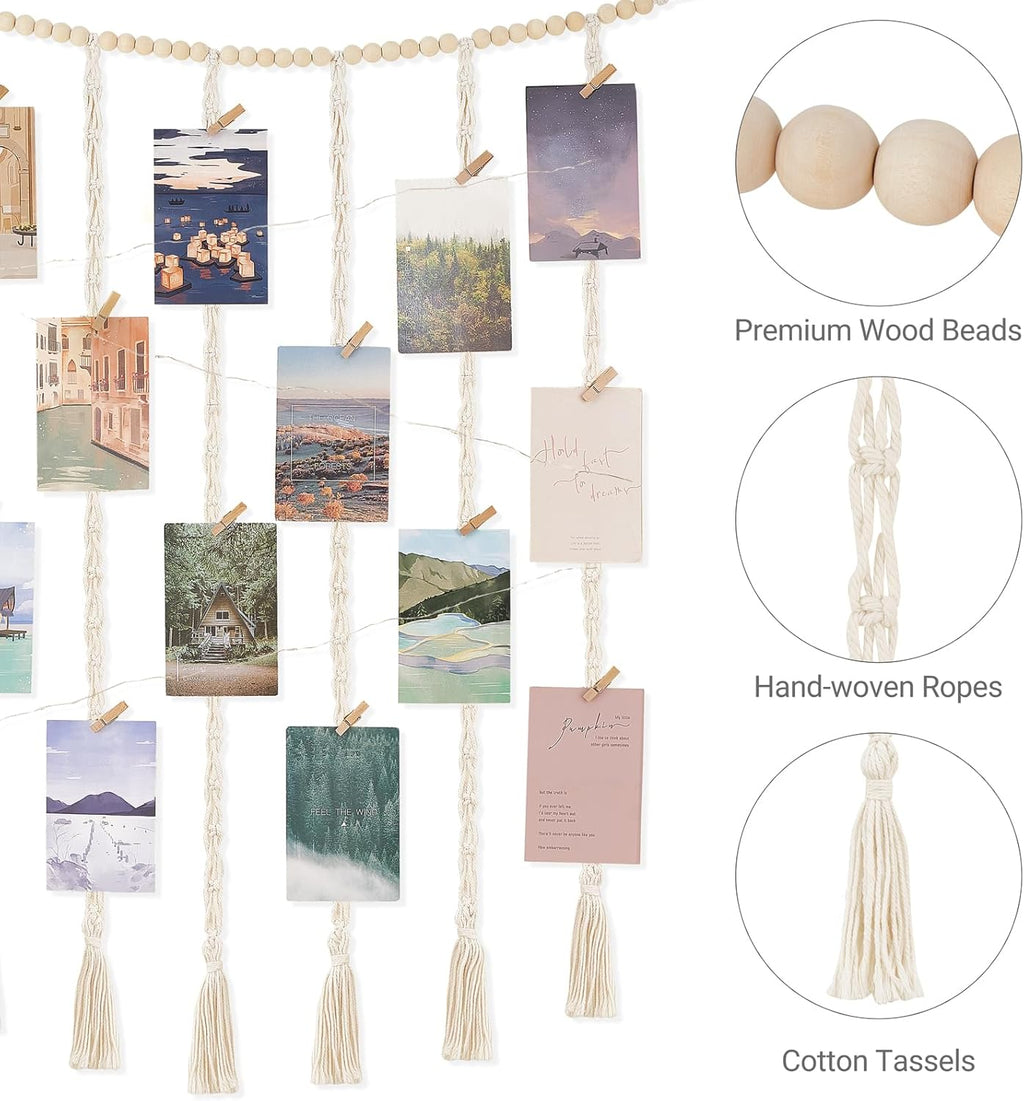 Macrame Hanging Photo Display Wall Decor Boho Wooden Beads Garland Picture Frame Holder with 30 Clips Bedroom Living Room Gifts
