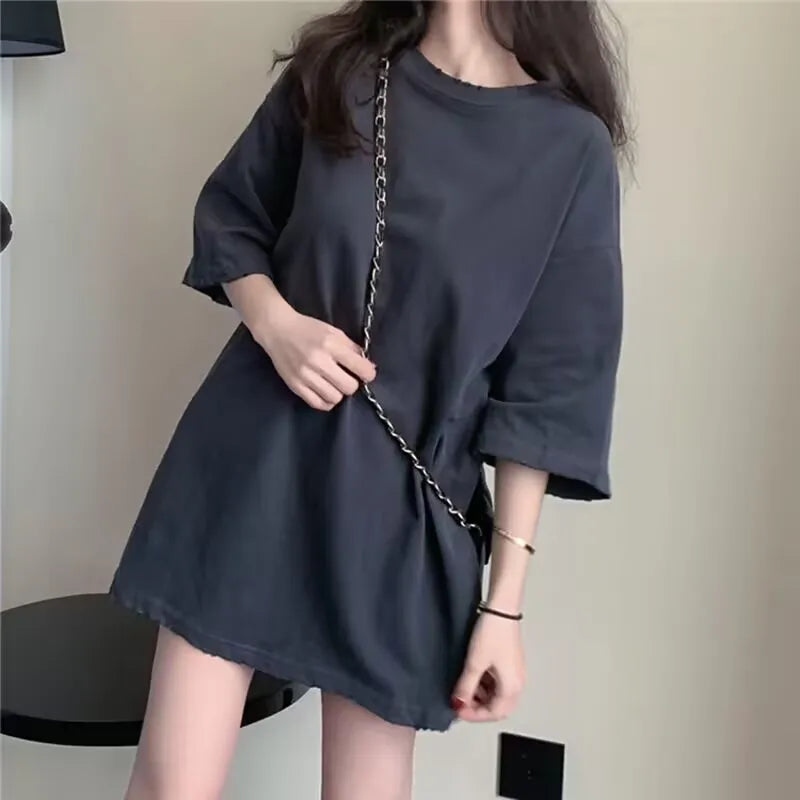 Women Short Sleeved T-shirt Pure Cotton Oversized Black and White Versatile Simple Loose Round Neck Half Sleeve Top Summer