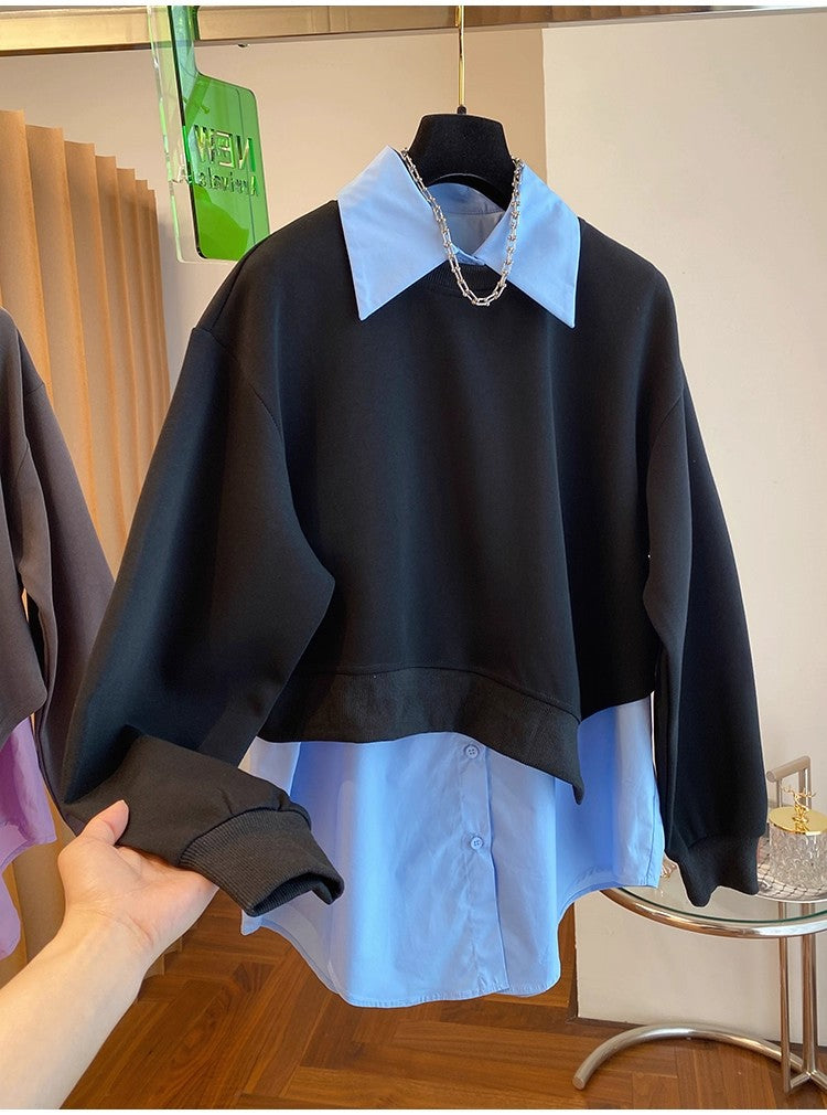 Fake Two Piece Pullover Tops Women 2025 New Autumn Fashion Splicing Design Turn-down Collar Long Sleeved Shirt Tops