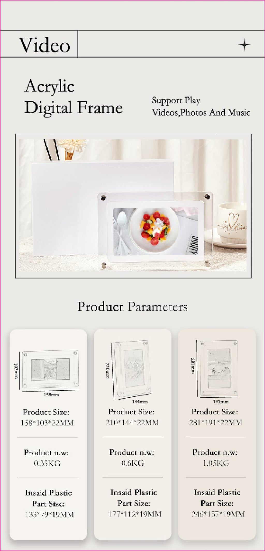 2024 hot selling 10.1-inch acrylic digital frames 8GB 2000mah with removable stander horizontal vertical play gravity version