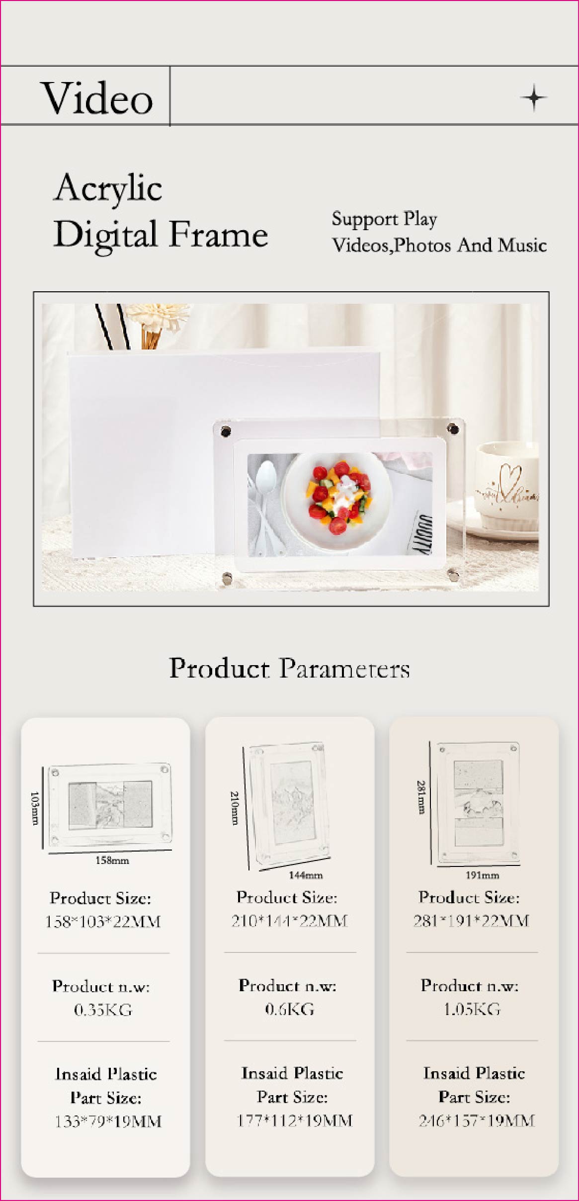 2024 hot selling 10.1-inch acrylic digital frames 8GB 2000mah with removable stander horizontal vertical play gravity version