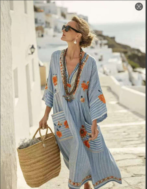 New Summer Large-size Striped Print Long Large-spoke V-neck Dress Fashionable Casual Loose Elegant Pocket Dress Females