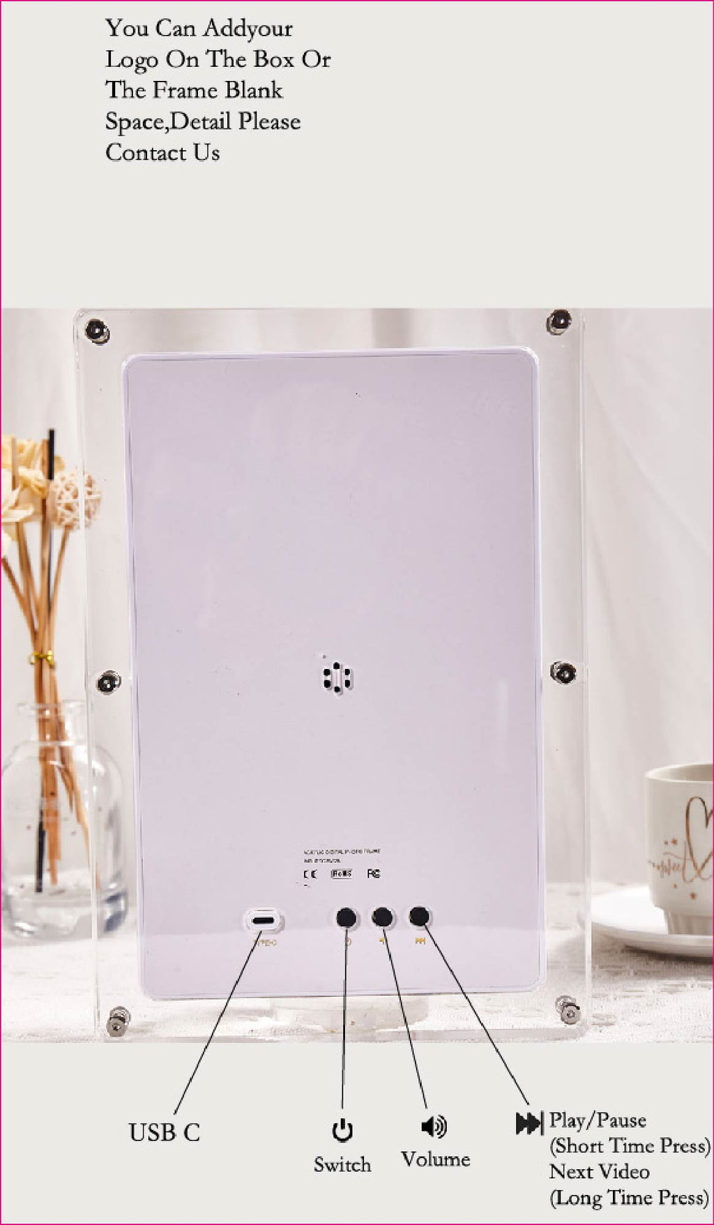 2024 hot selling 10.1-inch acrylic digital frames 8GB 2000mah with removable stander horizontal vertical play gravity version