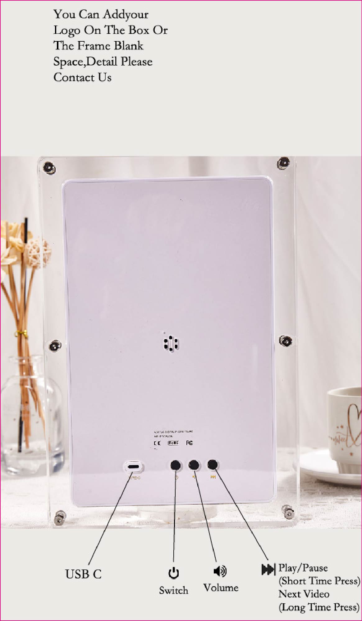 2024 hot selling 10.1-inch acrylic digital frames 8GB 2000mah with removable stander horizontal vertical play gravity version